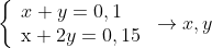\left\{ \begin{array}{l} x + y = 0,1\\ {\rm{x}} + 2y = 0,15 \end{array} \right. \to x,y